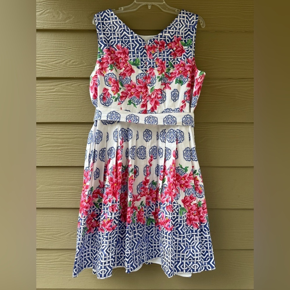 TALBOTS Mosaic Floral Sateen Pink Blue Cotton Stretch Fit & Flare Dress Sz 16WP - Picture 5 of 15